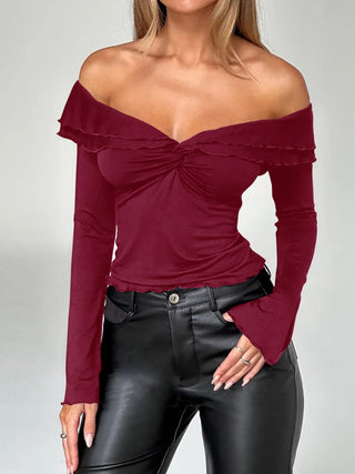 Twisted Ruffled Off-Shoulder Long Sleeve T-Shirt - Divacious