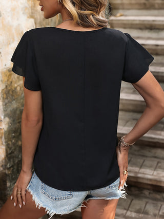 Decorative Button Round Neck Short Sleeve Blouse Divacious