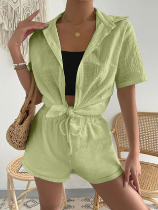 Button Up Short Sleeve Shirt and Drawstring Shorts Set Trendsi