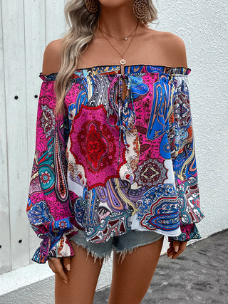 Tied Ruffled Printed Off-Shoulder Long Sleeve Blouse Divacious