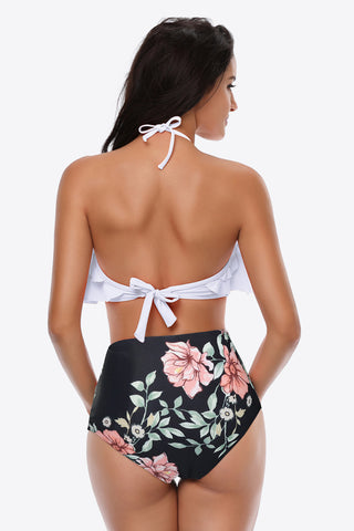 Two-Tone Ruffled Halter Neck Two-Piece Swimsuit Divacious