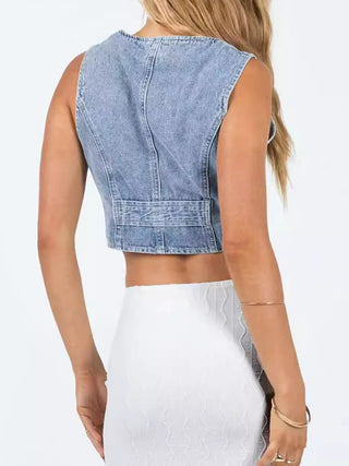 Button Up Sleeveless Denim Top Divacious