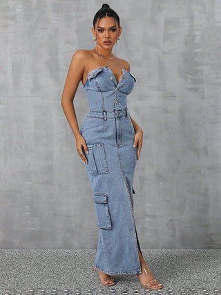 Slit Half Button Tube Denim Dress - Divacious