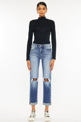 Kancan High Waist Distressed Hem Detail Cropped Straight Jeans Divacious