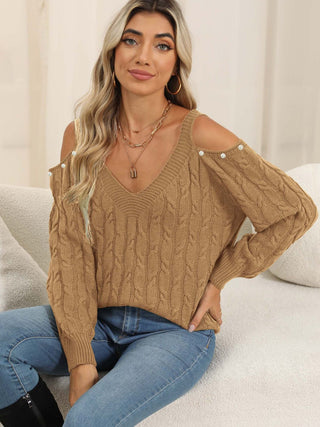 Cable-Knit Cold Shoulder Sweater - Divacious