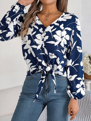 Printed V-Neck Long Sleeve Blouse Divacious