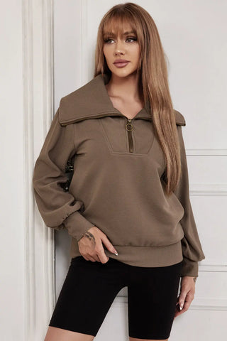 Pocketed Quarter Zip Collared Neck Sweatshirt Divacious