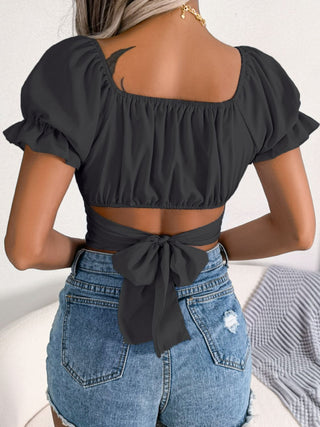 Square Neck Crisscross Flounce Sleeve Cropped Top Divacious