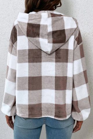 Plaid Quarter Button Dropped Shoulder Hoodie Divacious