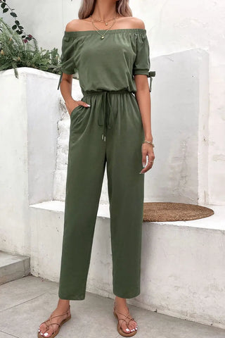 Off-Shoulder Tie Cuff Jumpsuit with Pockets Divacious