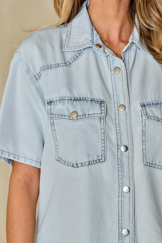 Slit Snap Down Short Sleeve Denim Top Divacious