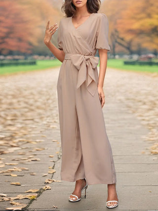 Tied Short Sleeve Wide Leg Jumpsuit Divacious