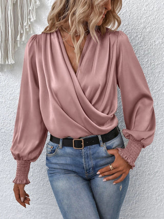 Surplice Smocked Lantern Sleeve Blouse Divacious