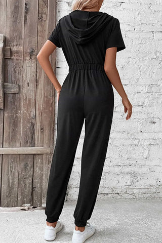 Zip-Up Short Sleeve Hooded Jumpsuit with Pockets Divacious