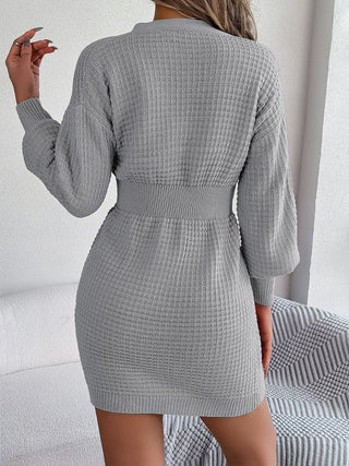 Buttoned Cable-Knit V-Neck Sweater Dress Divacious