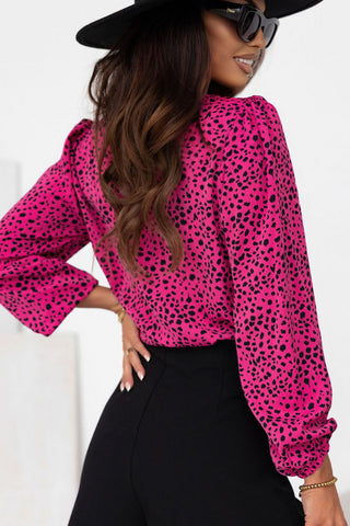 Leopard Round Neck Balloon Sleeve Blouse Divacious