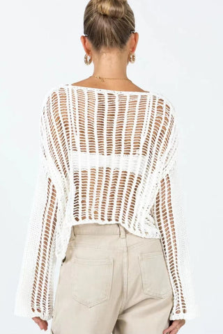 Openwork Boat Neck Long Sleeve Cover Up Divacious