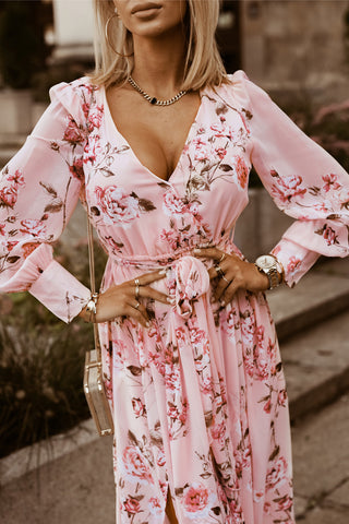 Floral Tie Belt Bishop Sleeve Slit Maxi Dress Trendsi