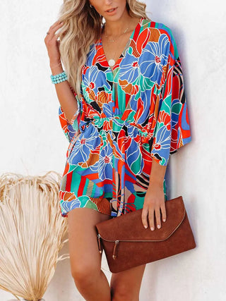 Tied Printed Kimono Sleeve Romper Divacious