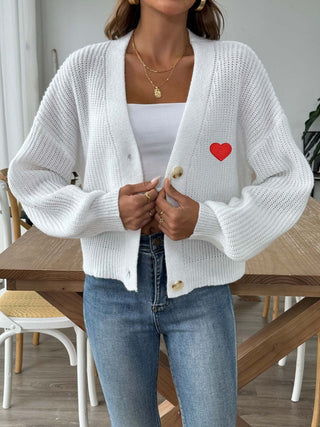 Heart Button Down V-Neck Long Sleeve Cardigan - Divacious