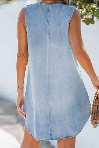 Notched Sleeveless Denim Dress Divacious