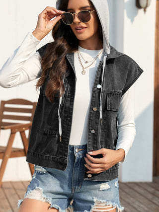 Drawstring Button Up Sleeveless Denim Jacket Trendsi