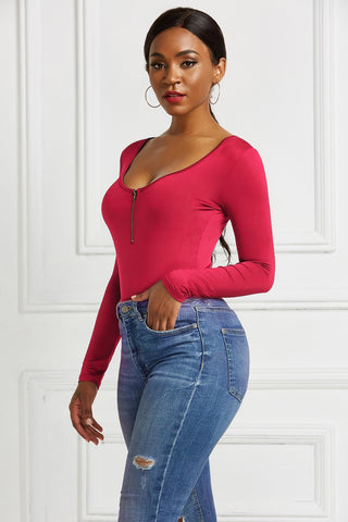 Half Zip Scoop Neck Long Sleeve Bodysuit Divacious