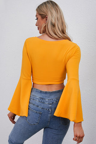 Tie Front Flare Sleeve Cropped Top Divacious