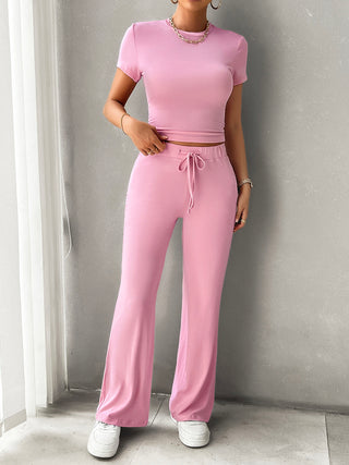 Devine Round Neck Short Sleeve Top and Pants Set Trendsi