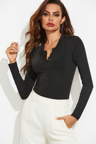 Half Button Round Neck Long Sleeve Bodysuit Divacious