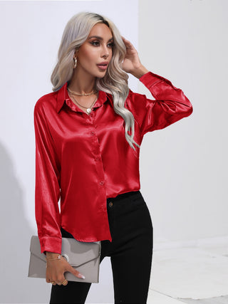 Collared Neck Buttoned Long Sleeve Shirt Divacious