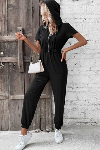 Zip-Up Short Sleeve Hooded Jumpsuit with Pockets Divacious