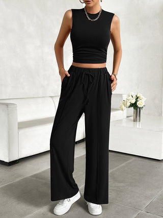 Devine Mock Neck Sleeveless Top and Drawstring Pants Set Trendsi