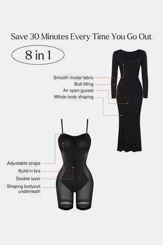 Built-In Shapewear Square Neck Long Sleeve Maxi Dress - Divacious