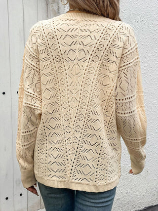 Openwork Button Up Long Sleeve Cardigan Divacious