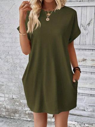 Pocketed Round Neck Short Sleeve Dress Trendsi