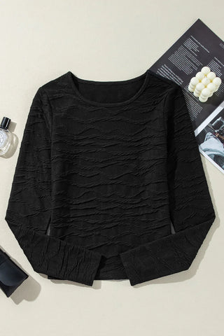 Textured Round Neck Long Sleeve Blouse - Divacious