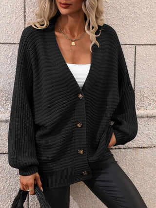 Button Down Horizontal-Ribbing Longline Cardigan Divacious