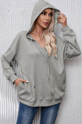 Drawstring Pocketed Dropped Shoulder Hoodie Divacious