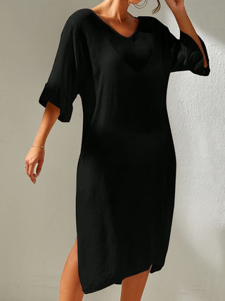 Slit V-Neck Flounce Sleeve Cover-Up Divacious