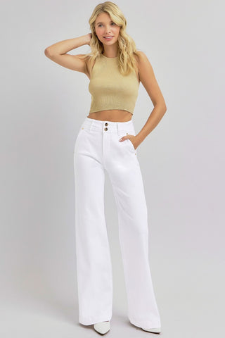 RISEN Full Size Tummy Control Double Button Wide Leg Jeans Trendsi