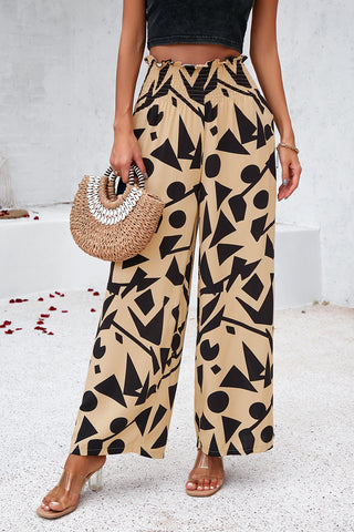 Smocked Printed Wide Leg Pants with Pockets Divacious