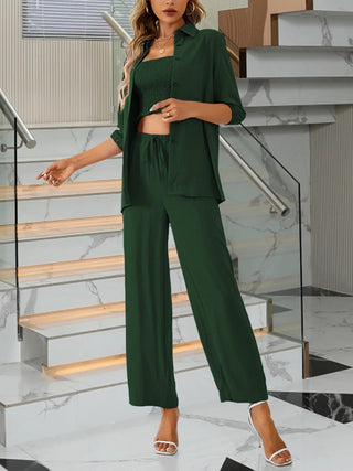 Smocked Bandeau, Button Up Shirt, and Drawstring Pants Set Trendsi