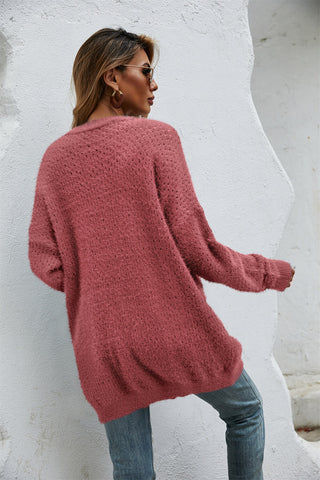 Open Front Openwork Fuzzy Cardigan with Pockets Divacious