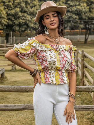 Ruffled Printed Off-Shoulder Short Sleeve Blouse Divacious