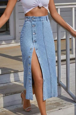 Buttoned Split Denim Skirt Divacious