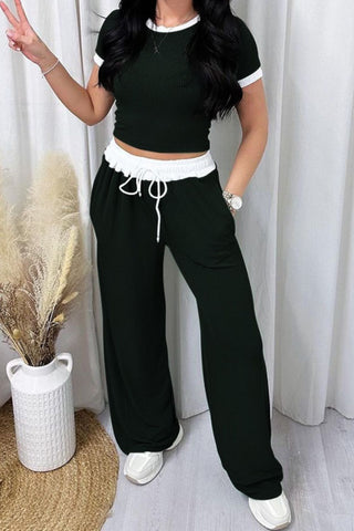 Contrast Trim Round Neck Top and Pants Set Trendsi