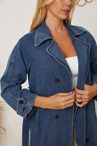 Double-Breasted Belted Longline Denim Jacket Divacious