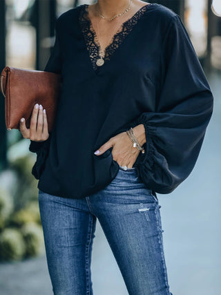 Lace Detail V-Neck Long Sleeve Blouse Divacious