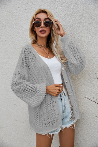 Openwork V-Neck Button Up Cardigan Divacious